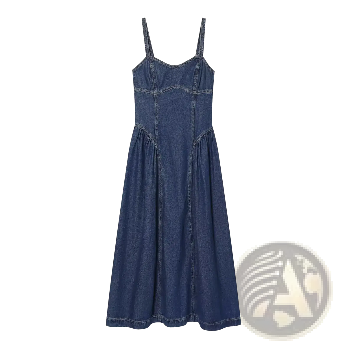 Navy blue denim slip dress with thin straps fitted bodice and a-line midi skirt for stylish casual wear
