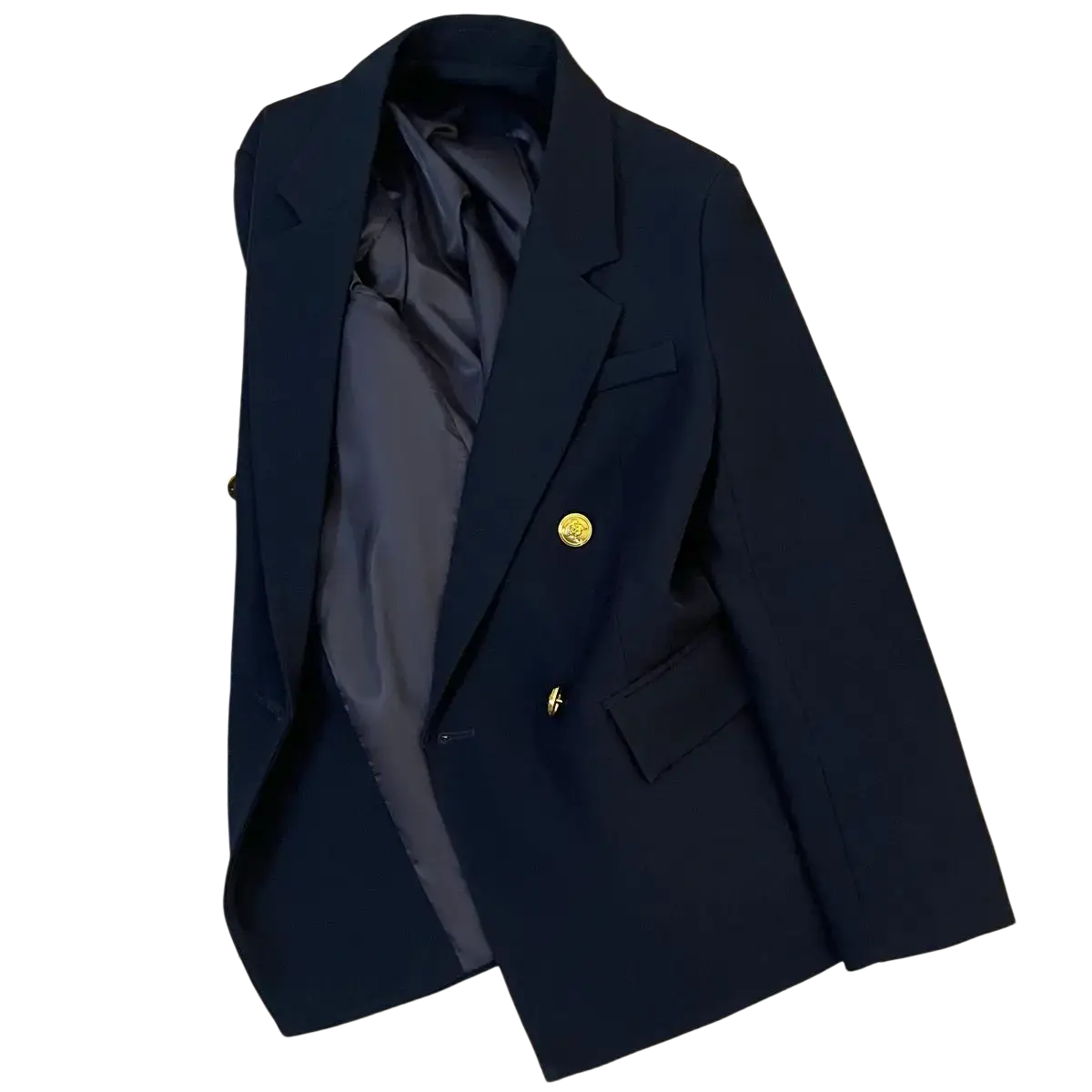 Navy blue double breasted blazer with gold tone buttons and satin lined interior perfect for formal occasions