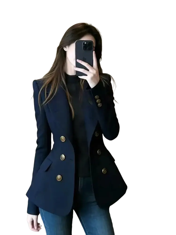 Navy blue double-breasted blazer with gold toned buttons made from high quality fabric for formal wear
