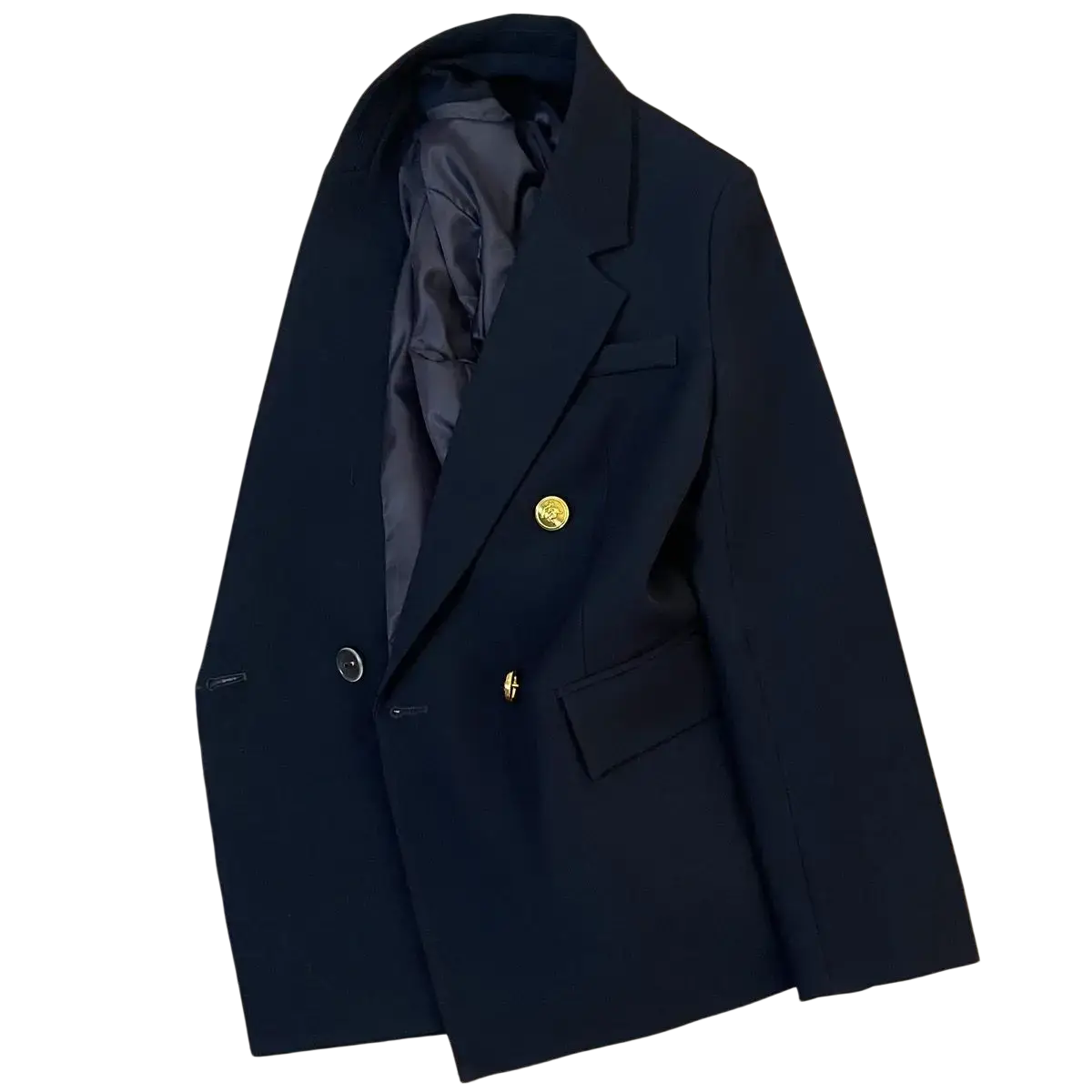 Navy blue double-breasted blazer with gold-tone buttons and a satin-lined interior for formal occasions