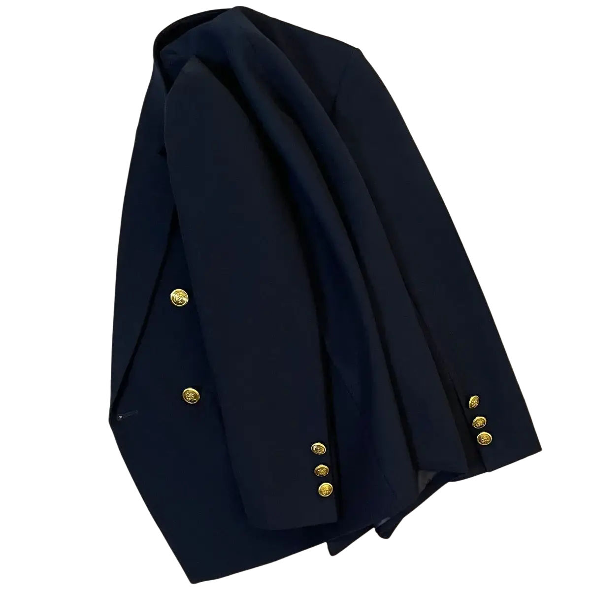 Navy blue double breasted blazer with gold-tone buttons made from premium fabric for formal and business wear