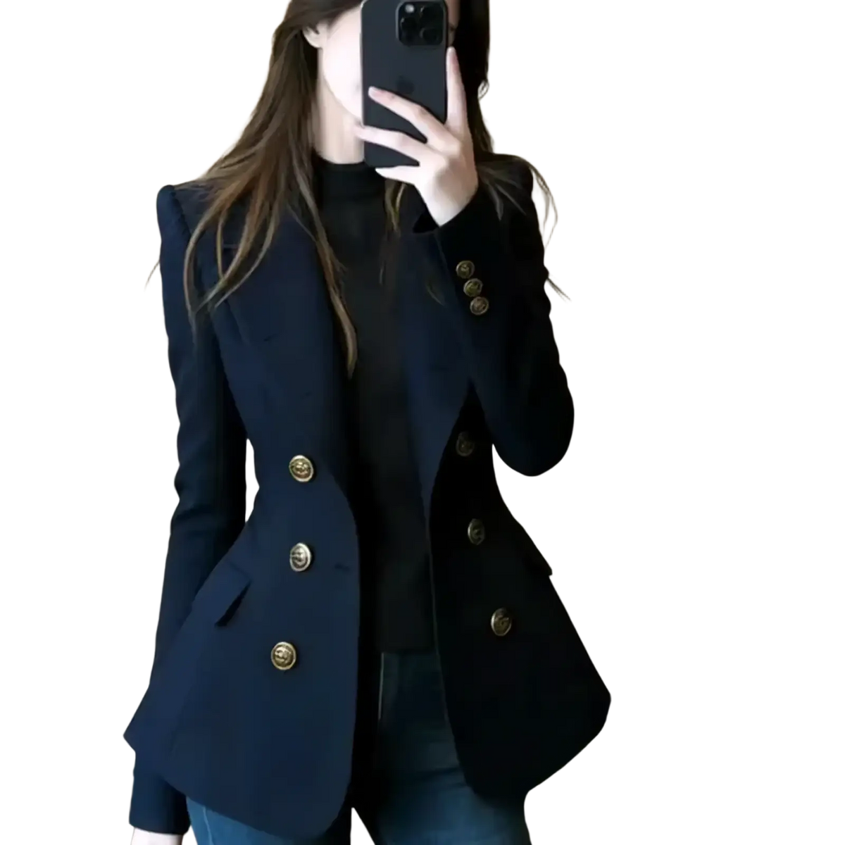 Navy blue double breasted blazer with gold toned buttons and tailored fit for formal and professional wear