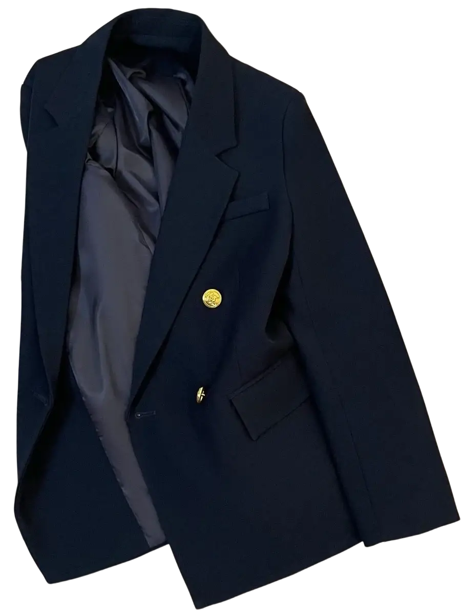 Navy blue double breasted blazer with gold tone buttons and satin inner lining for formal wear