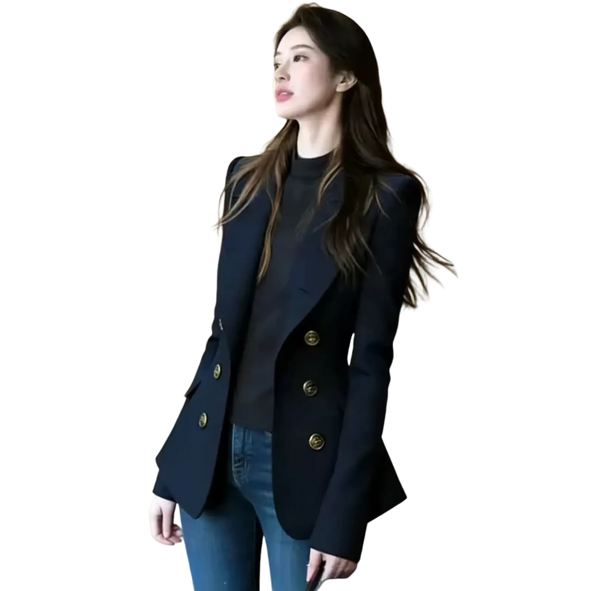 Navy blue double breasted blazer with gold toned buttons made of high quality fabric for formal occasions