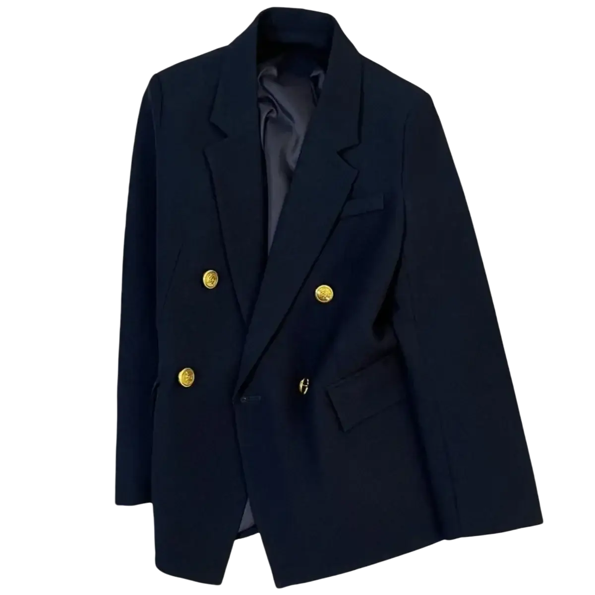 Navy blue double breasted blazer with gold toned buttons made of premium fabric for formal occasions
