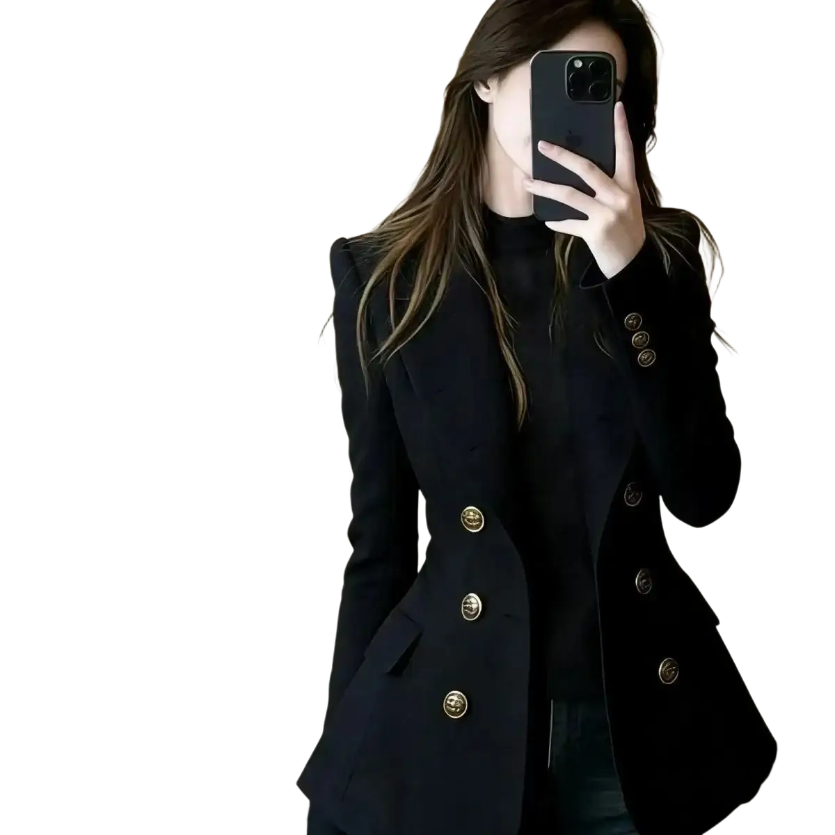 Black double-breasted blazer with gold-toned buttons contrasting with navy blue double-breasted blazer title