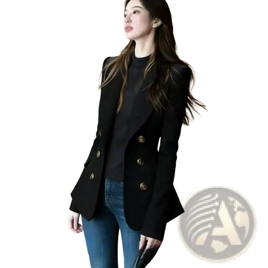 Black double breasted blazer with gold toned buttons designed as an alternative to the navy blue double breasted blazer