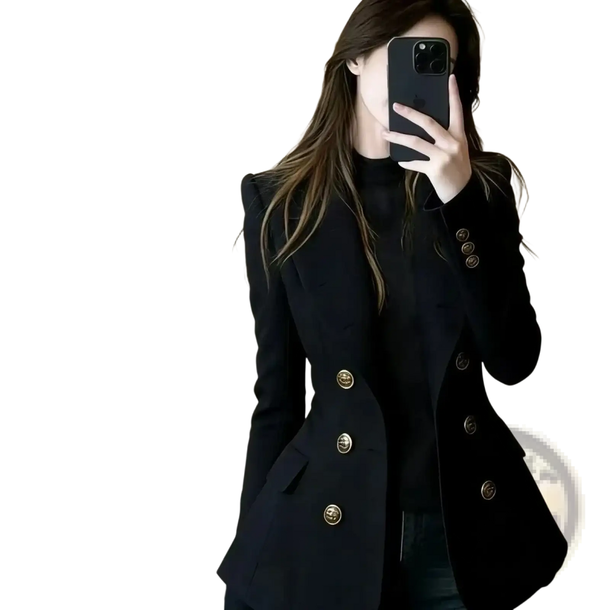 Black double-breasted blazer with gold-toned buttons contrasting with navy blue double-breasted blazer title