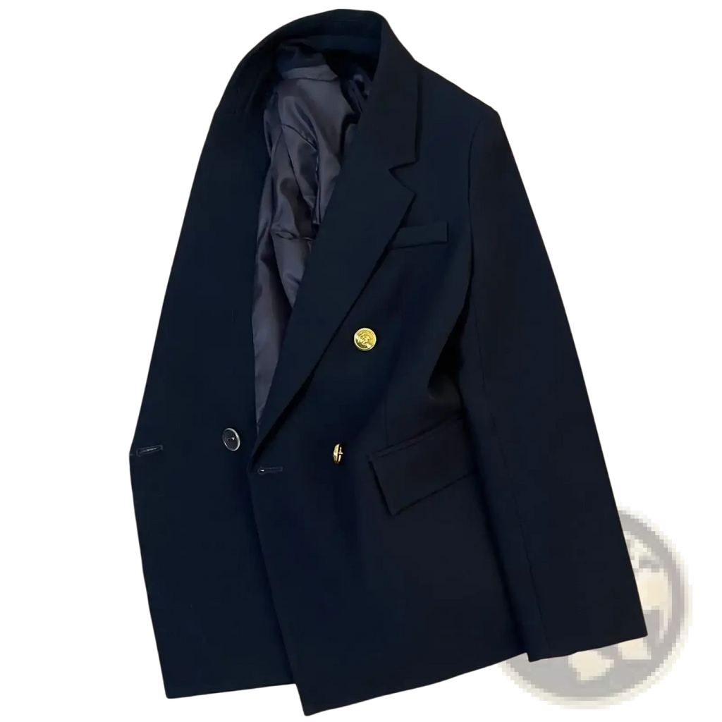 Navy blue double-breasted blazer with gold-tone buttons and a satin-lined interior for formal occasions