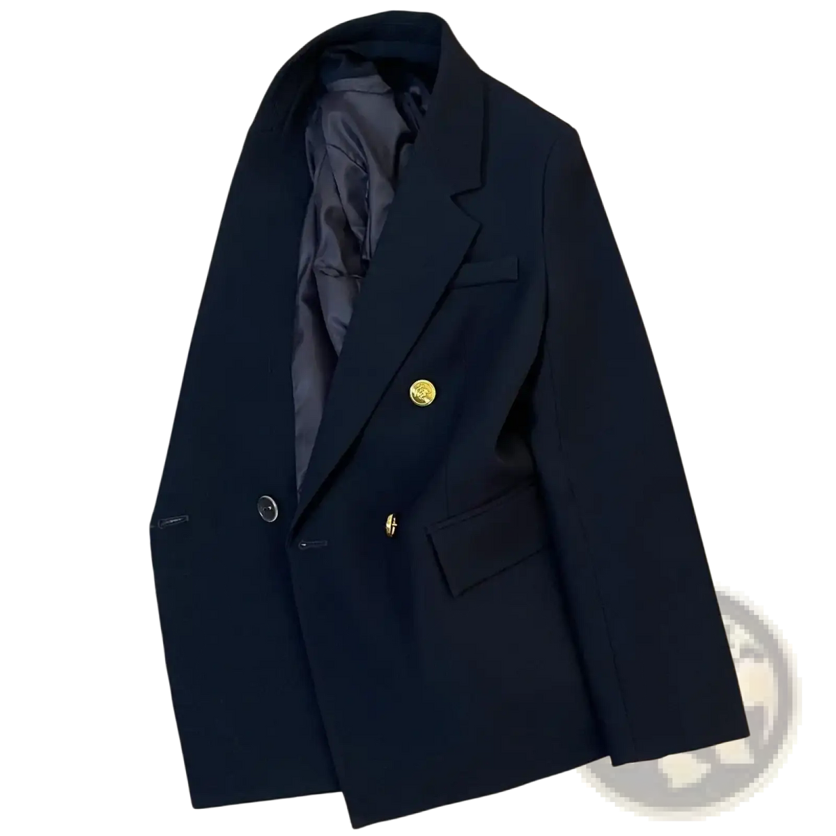 Navy blue double-breasted blazer with gold-tone buttons and a satin-lined interior for formal occasions