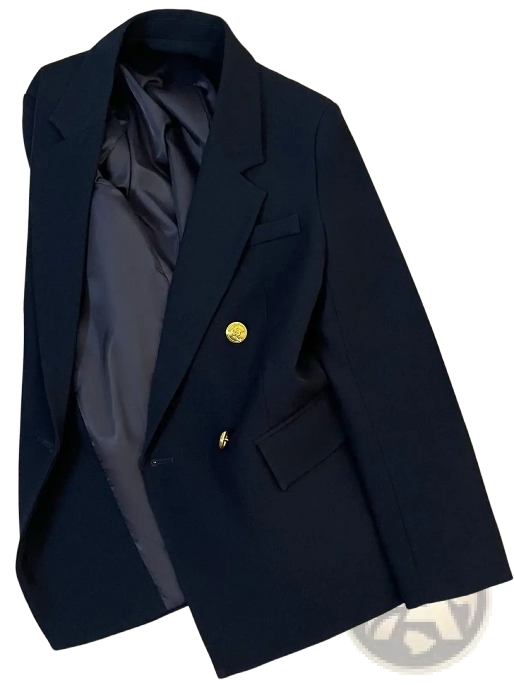 Navy blue double breasted blazer with gold tone buttons and satin inner lining for formal wear