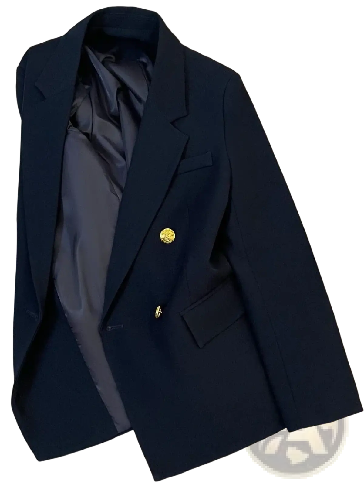 Navy blue double breasted blazer with gold tone buttons and satin inner lining for formal wear