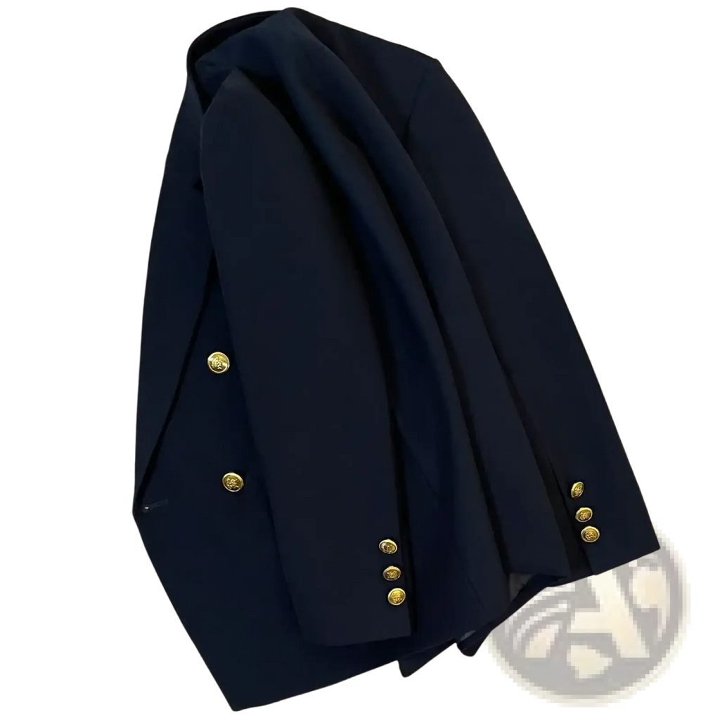 Navy blue double breasted blazer with gold-tone buttons made from premium fabric for formal and business wear