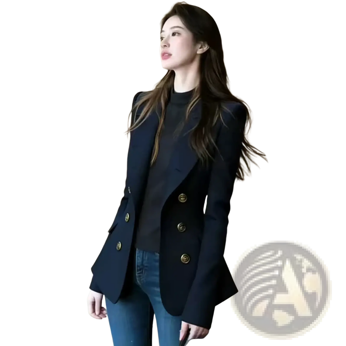 Navy blue double breasted blazer with gold toned buttons made of high quality fabric for formal occasions
