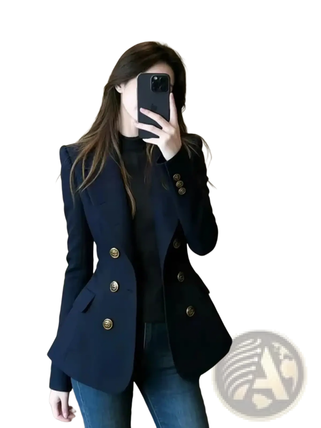 Navy blue double-breasted blazer with gold toned buttons made from high quality fabric for formal wear