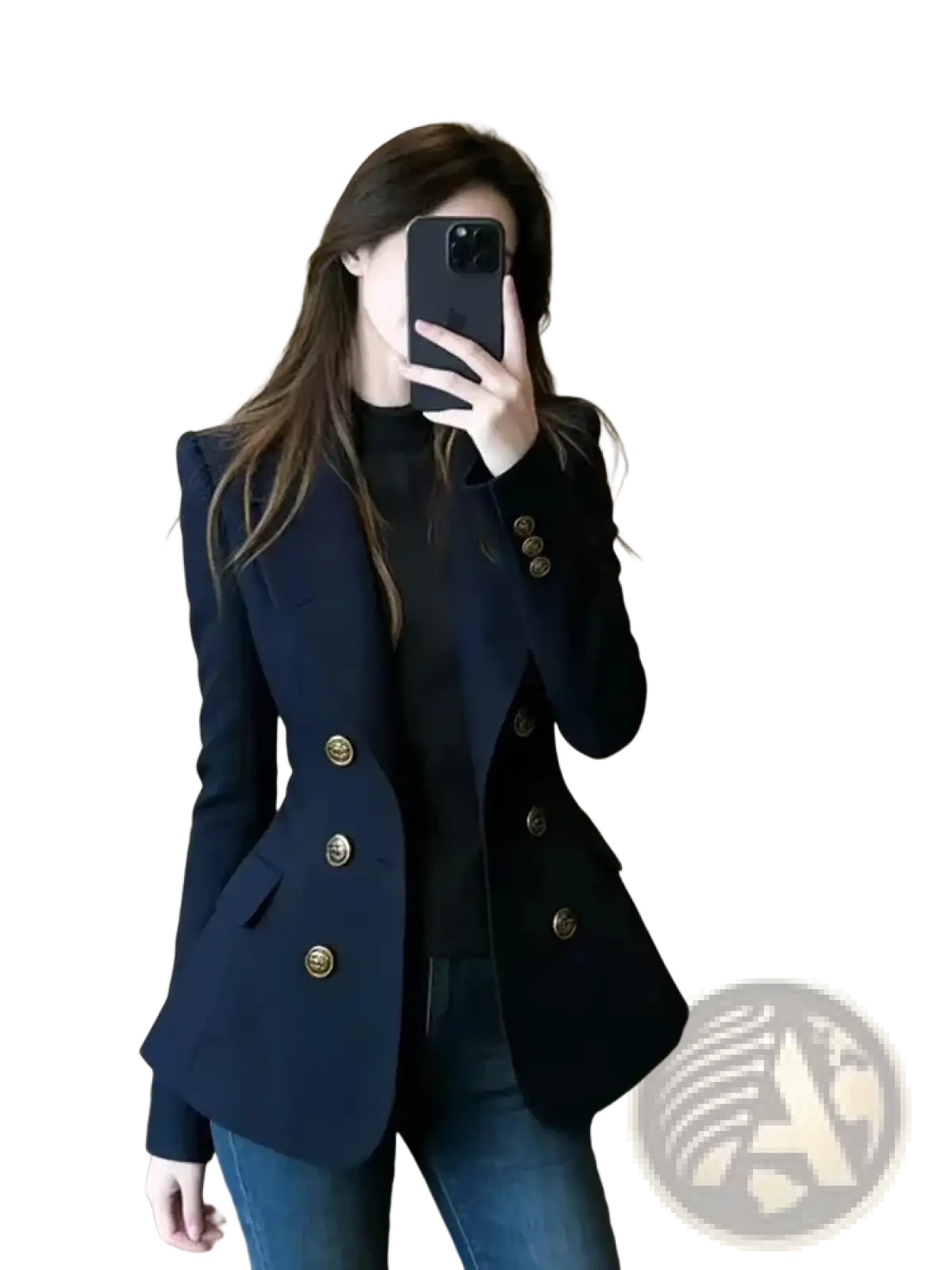 Navy blue double-breasted blazer with gold toned buttons made from high quality fabric for formal wear