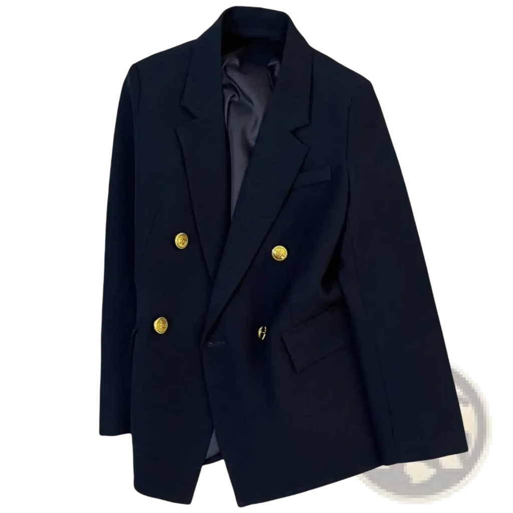 Navy blue double breasted blazer with gold toned buttons made of premium fabric for formal occasions