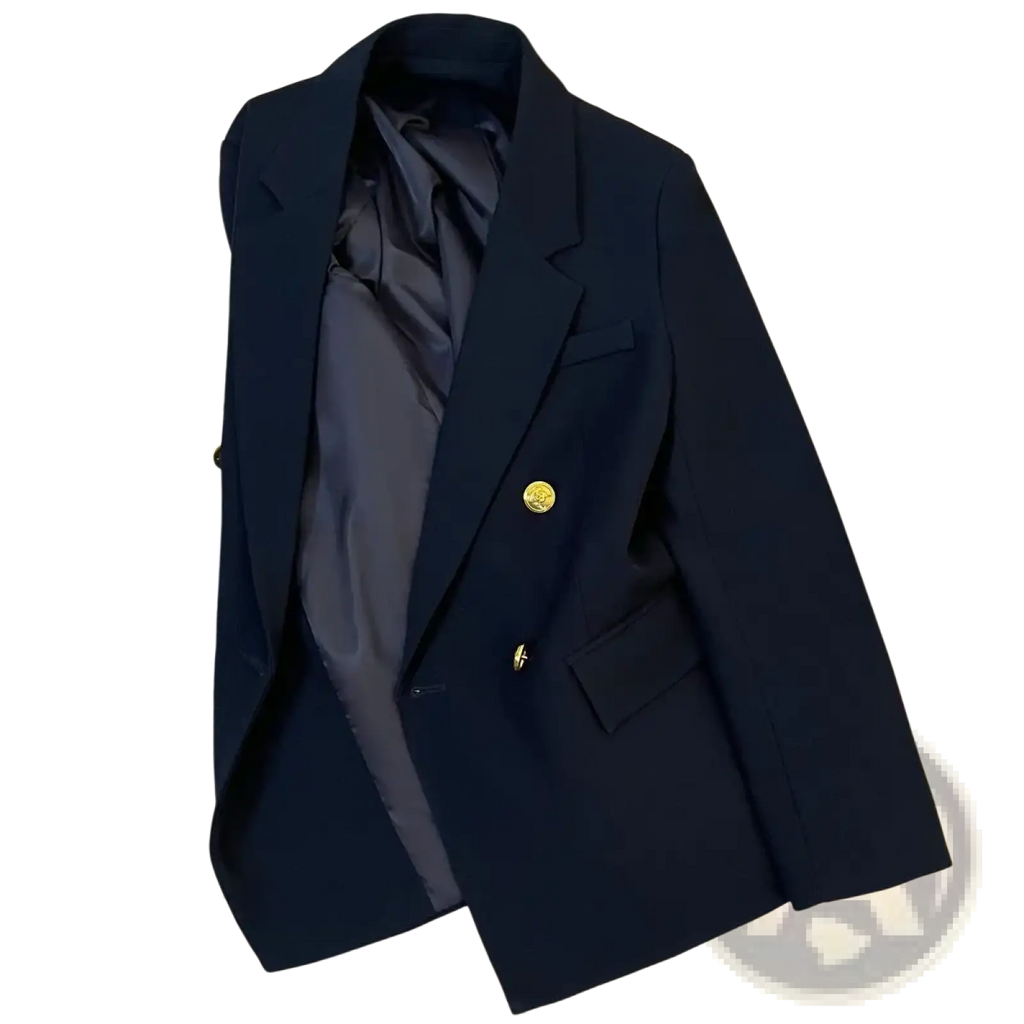 Navy blue double breasted blazer with gold tone buttons and satin lined interior perfect for formal occasions