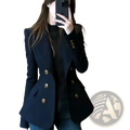 Navy blue double breasted blazer with gold toned buttons and tailored fit for formal and professional wear
