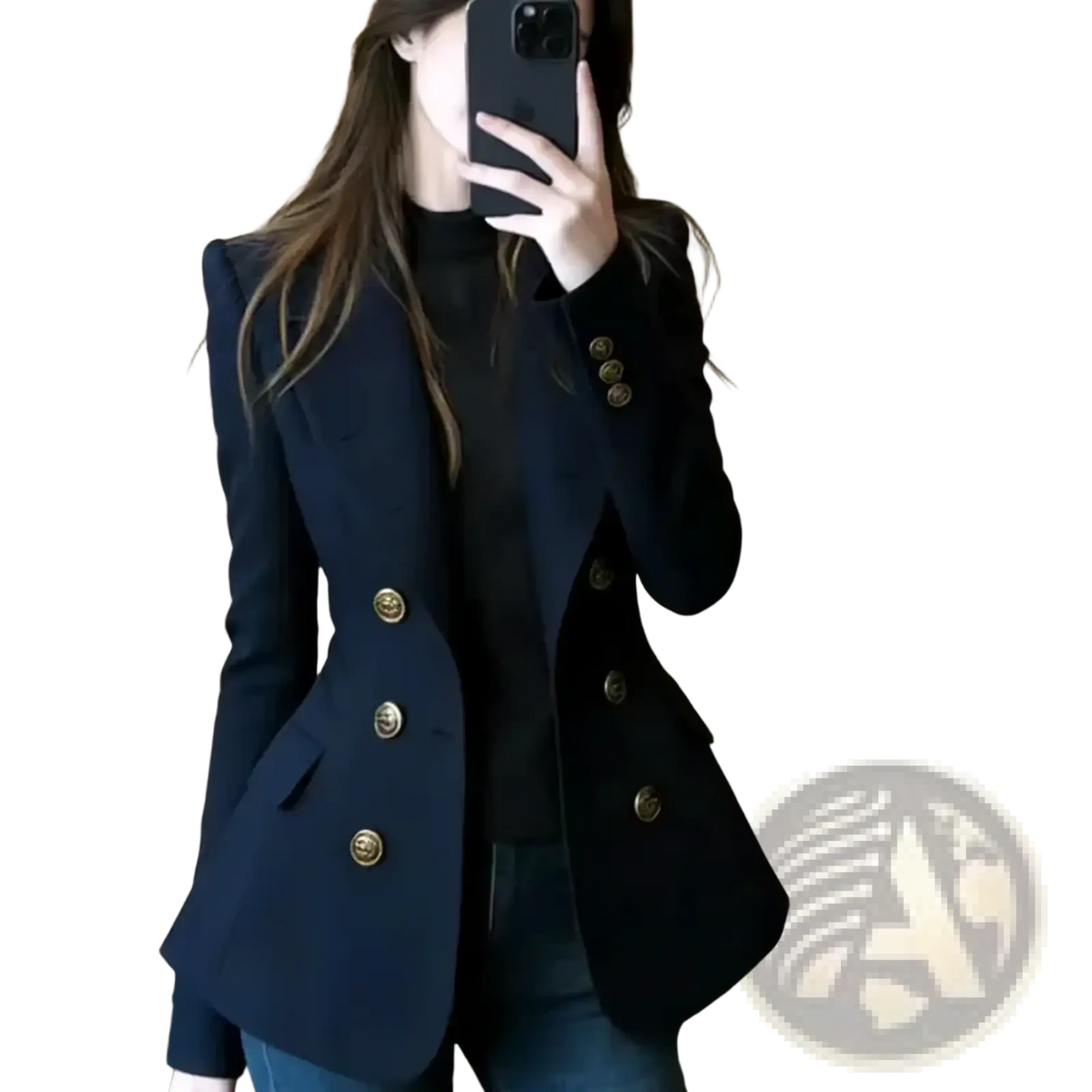 Navy blue double breasted blazer with gold toned buttons and tailored fit for formal and professional wear