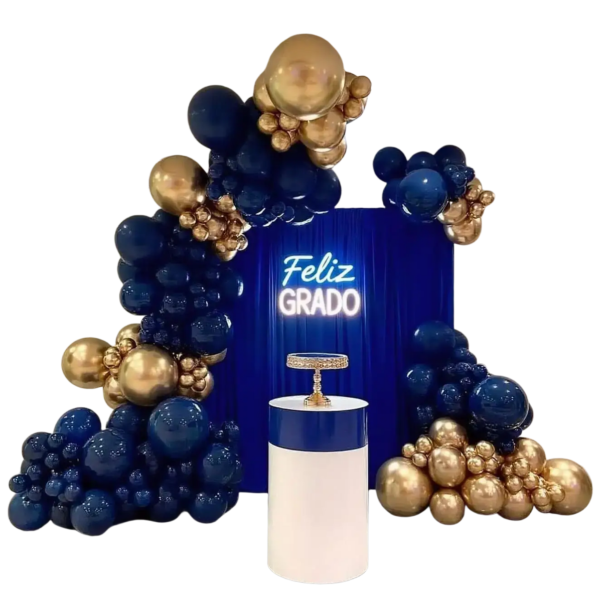 A navy blue and gold balloon arch kit with a white pedestal holding an ornate cake stand for decoration