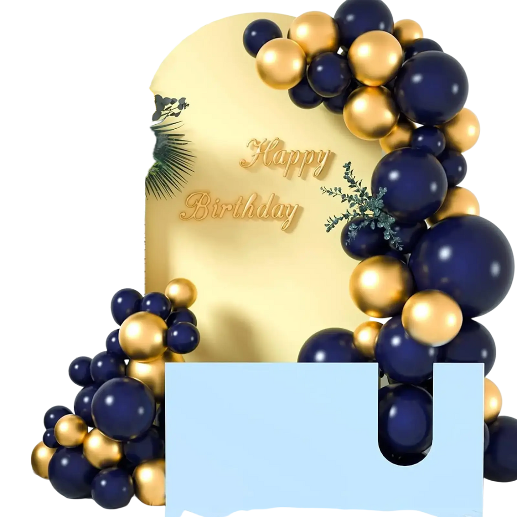 Navy blue and gold balloon arch kit featuring a glossy finish and elegant curved clusters against a golden backdrop