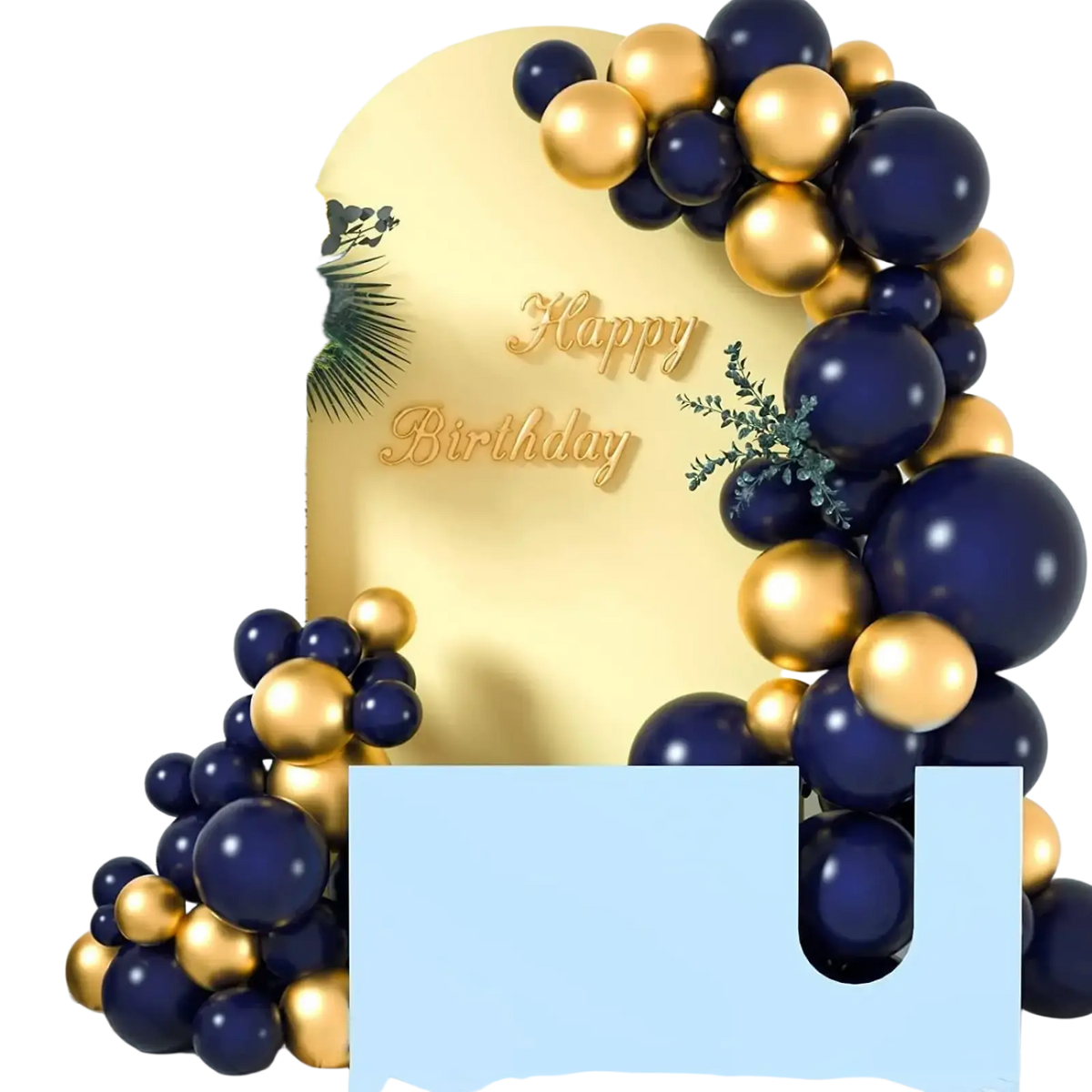 Navy blue and gold balloon arch kit featuring a glossy finish and elegant curved clusters against a golden backdrop