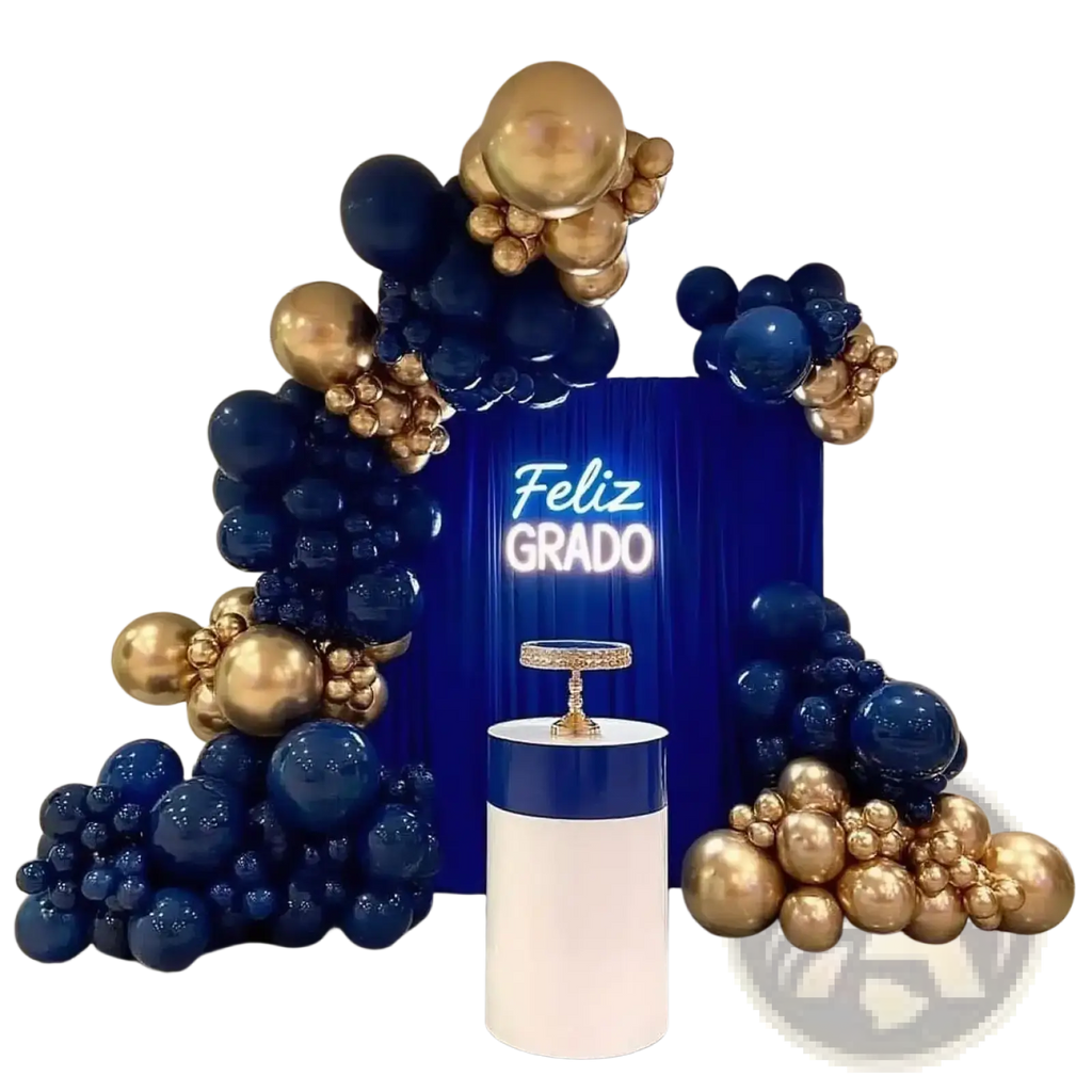 A navy blue and gold balloon arch kit with a white pedestal holding an ornate cake stand for decoration