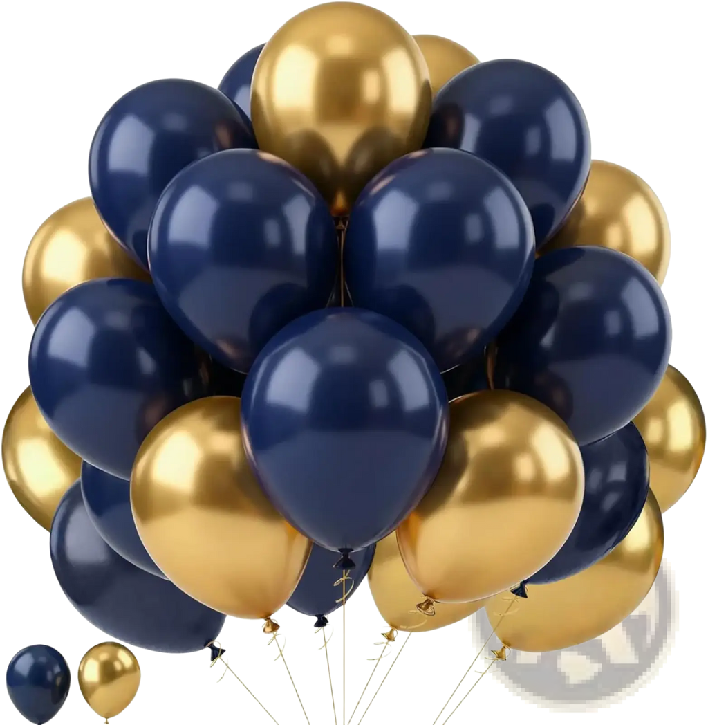 A cluster of shiny navy blue and gold metallic balloons in a navy blue and gold balloon arch kit