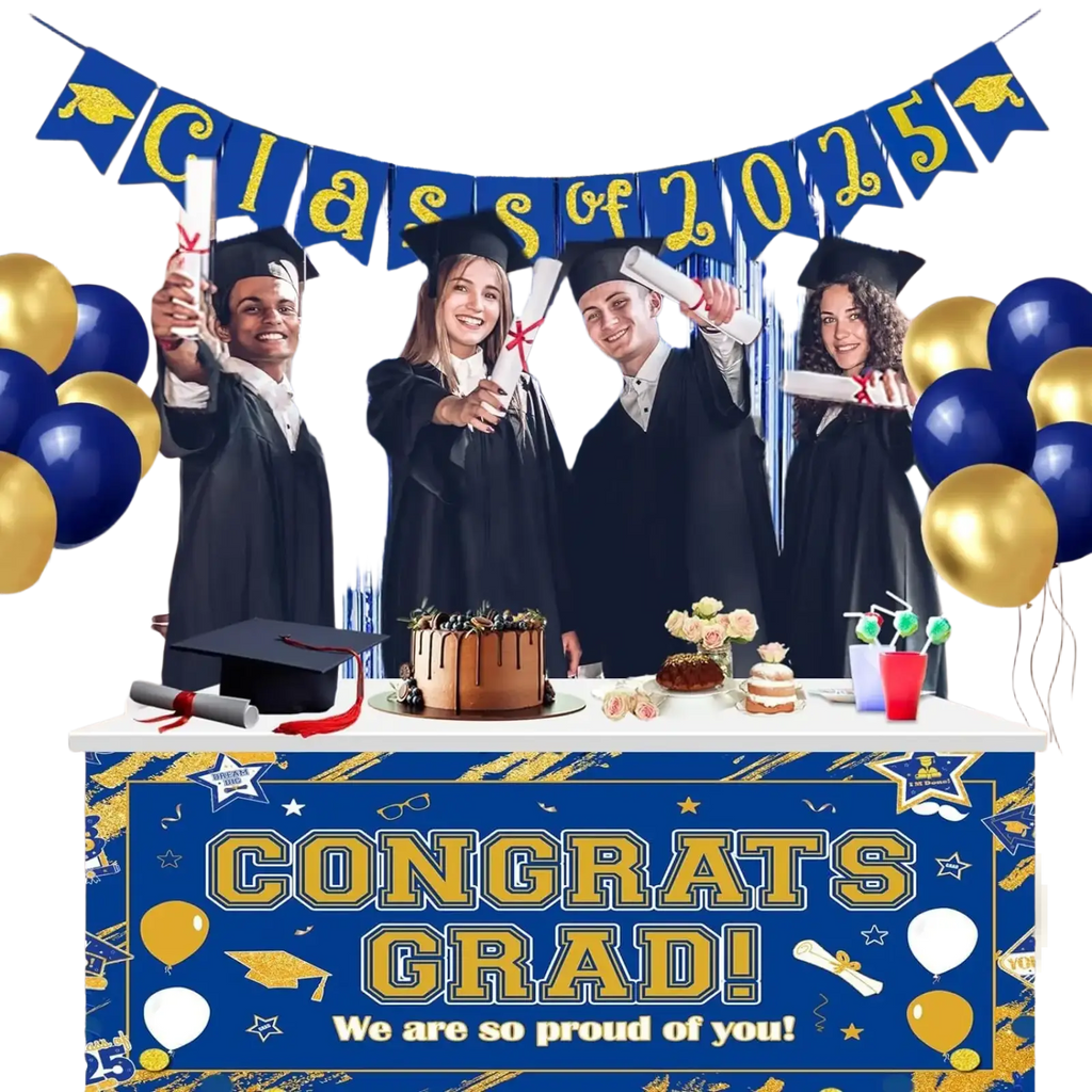 Navy blue and gold balloon arch kit featuring a congrats grad party banner with star balloon and graduation cap graphics