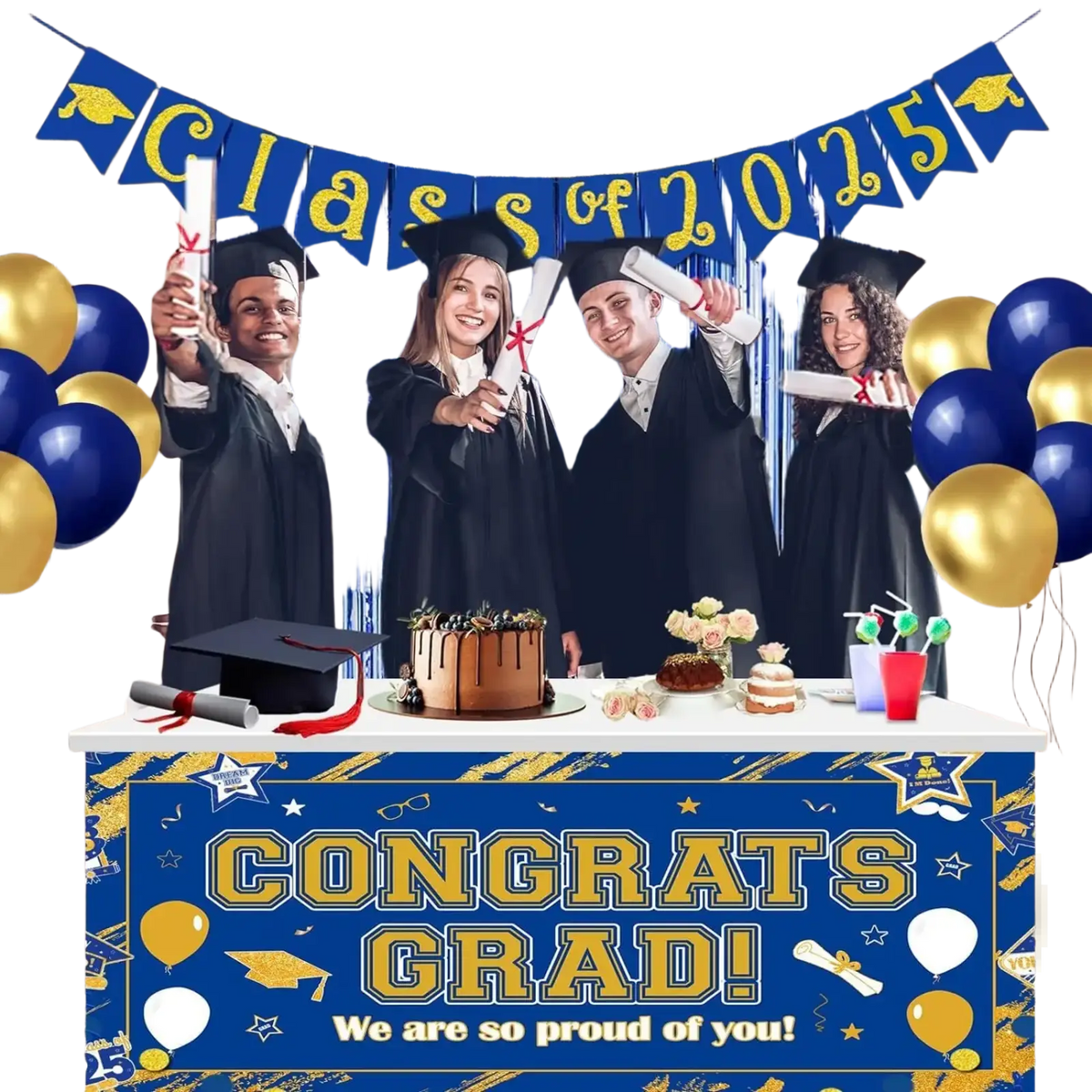 Navy blue and gold balloon arch kit featuring a congrats grad party banner with star balloon and graduation cap graphics