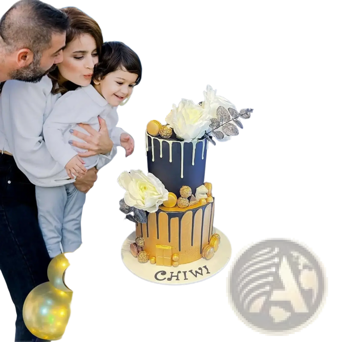 A two-tiered birthday cake with black and gold drip icing and floral silver and gold truffle decorations