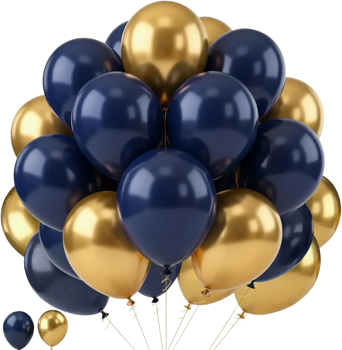 A cluster of shiny navy blue and gold metallic balloons in a navy blue and gold balloon arch kit