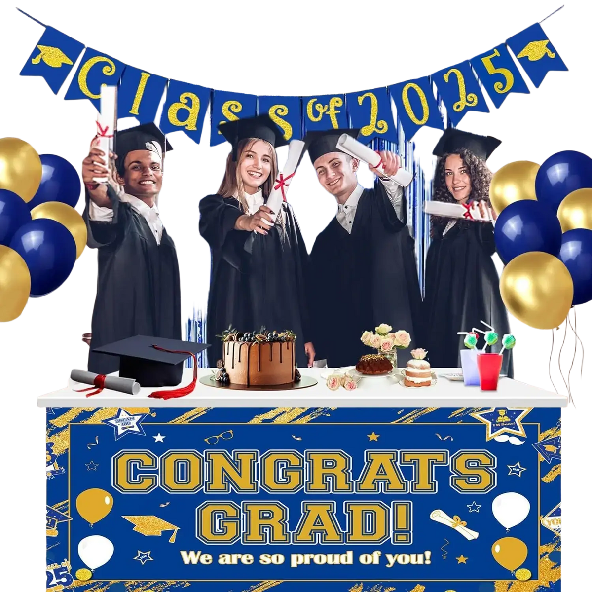 Navy blue and gold balloon arch kit featuring a congrats grad party banner with star balloon and graduation cap graphics