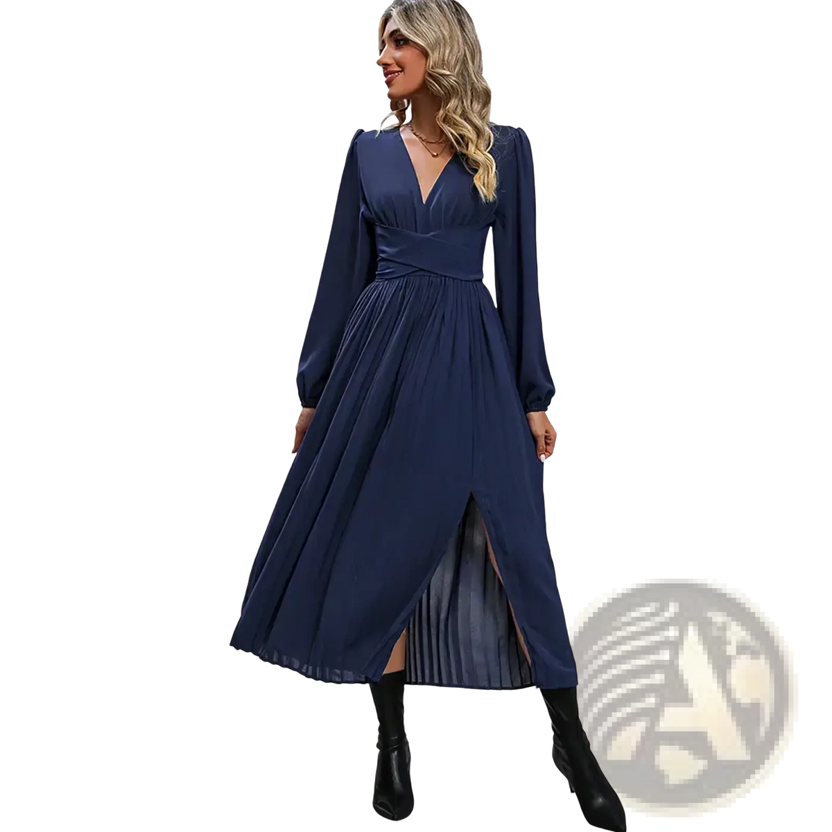 A navy blue long sleeve midi dress with v-neckline, gathered waistband, and pleated skirt with side slit