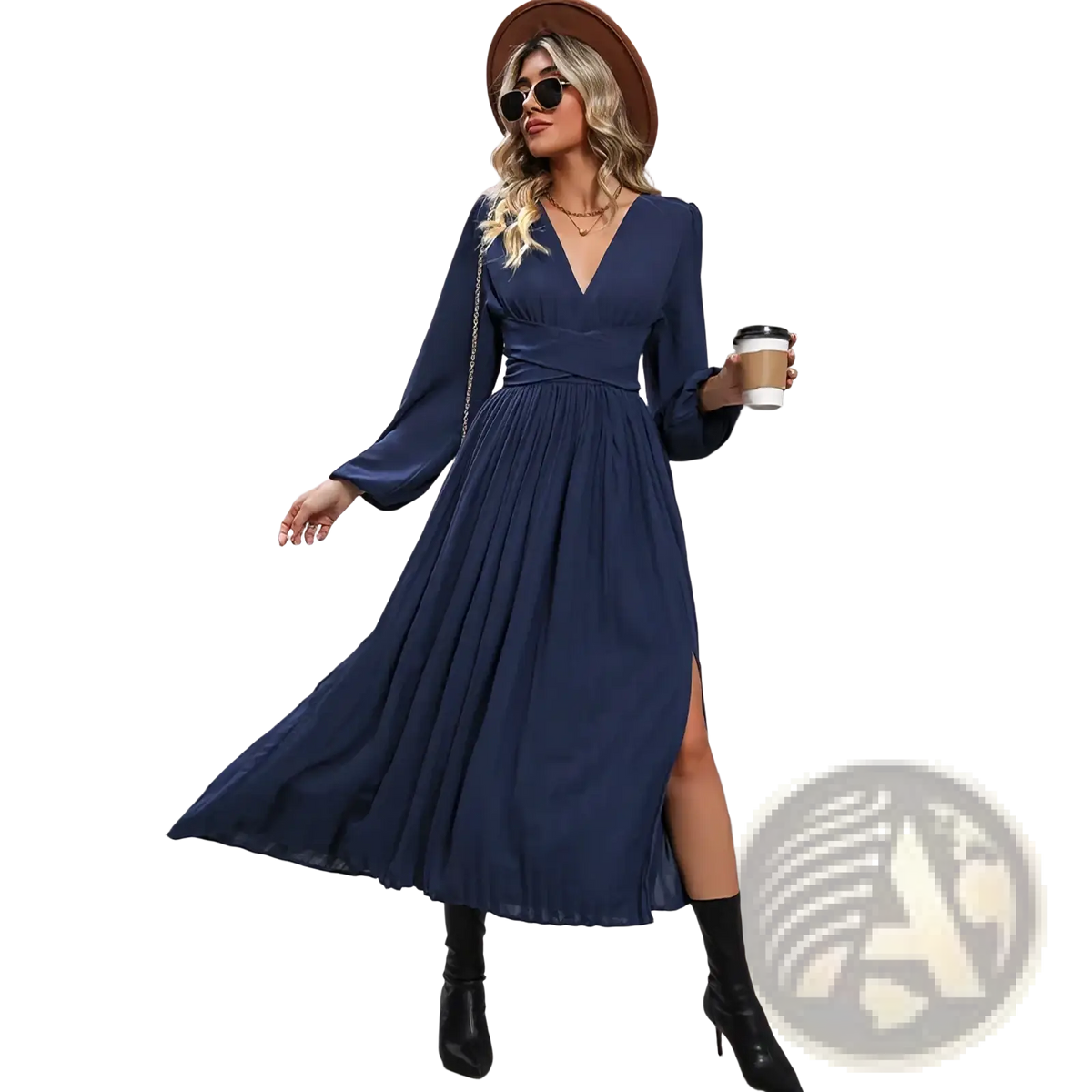 A navy blue long sleeve pleated midi dress with a v-neckline and side slit, ideal for formal occasions
