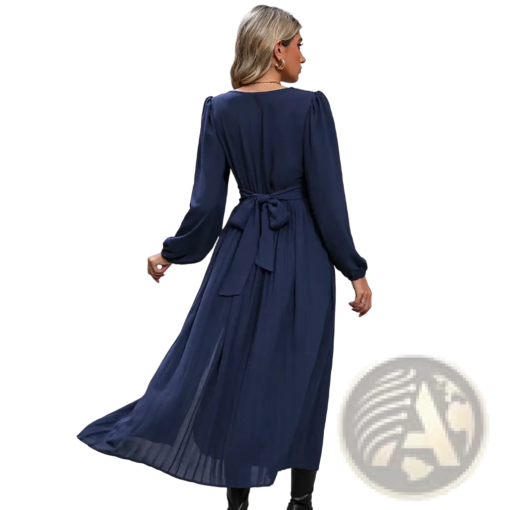 Navy blue long sleeve midi dress with tied waist and pleated skirt in flowing fabric for elegant wear