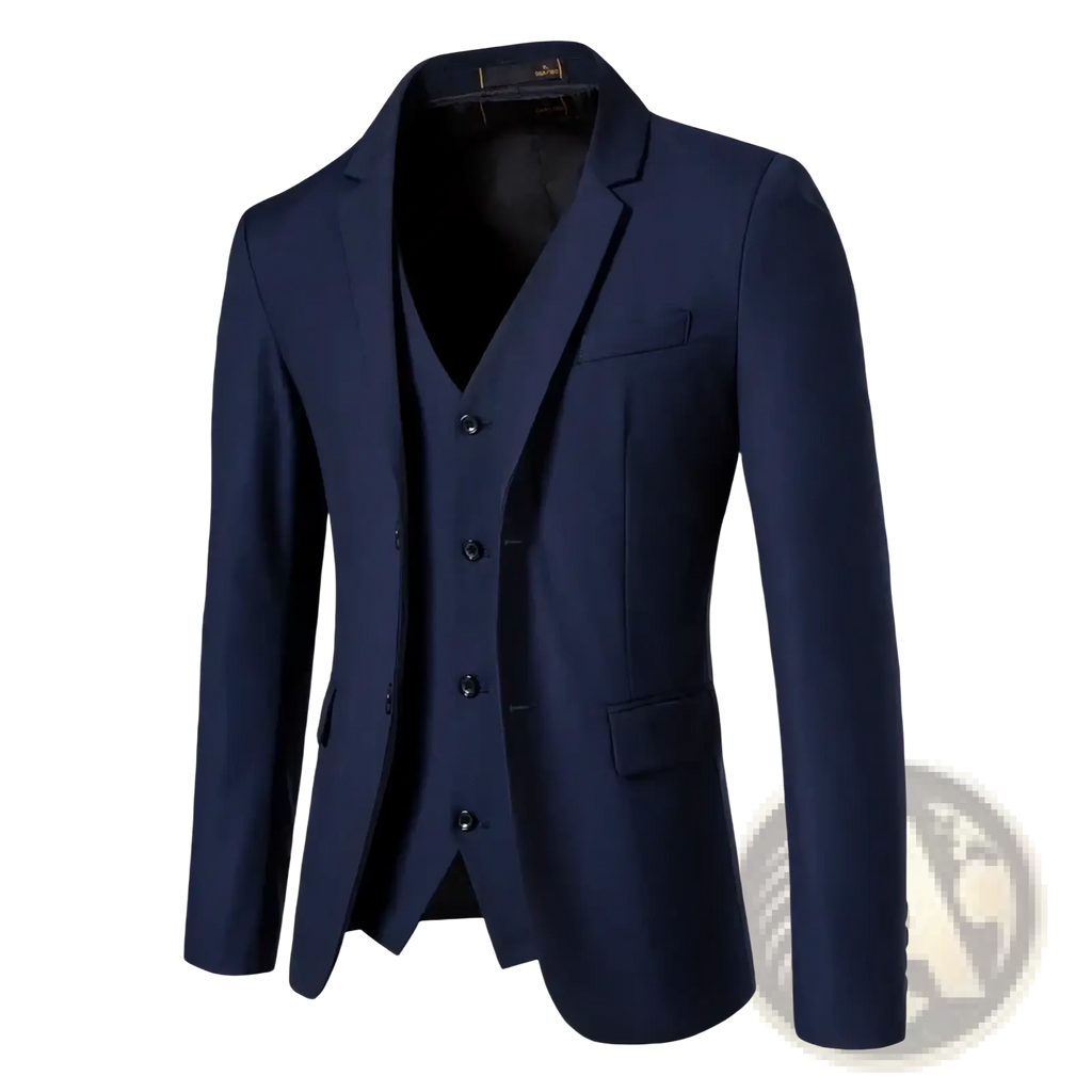 Navy blue mens casual blazer jacket with matching vest crafted from smooth tailored fabric in a three-piece suit
