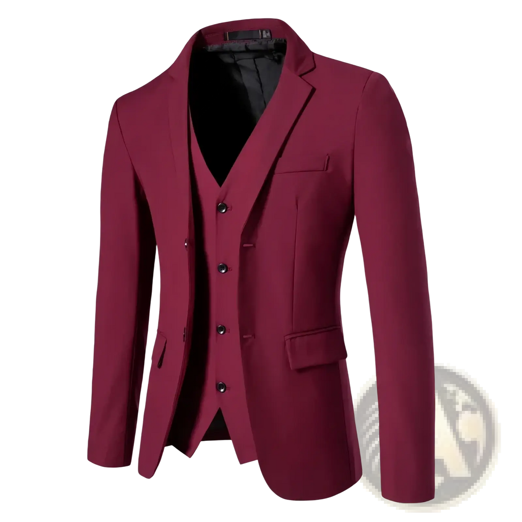 Maroon three-piece suit with tailored blazer, matching vest, and black inner lining for formal menswear