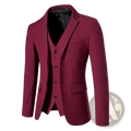 Maroon three-piece suit with tailored blazer, matching vest, and black inner lining for formal menswear