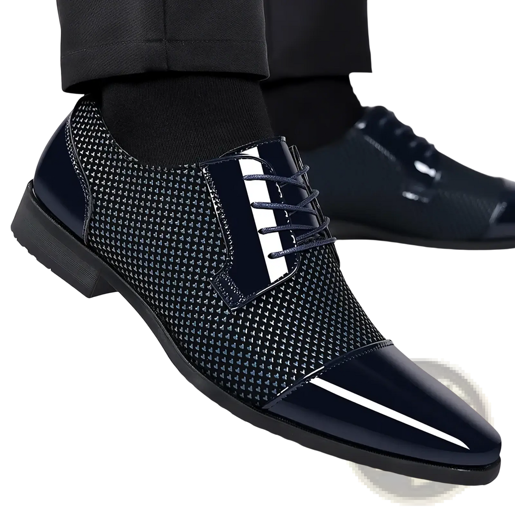 Navy blue patent leather oxford dress shoe with textured mesh upper and white stripe detailing