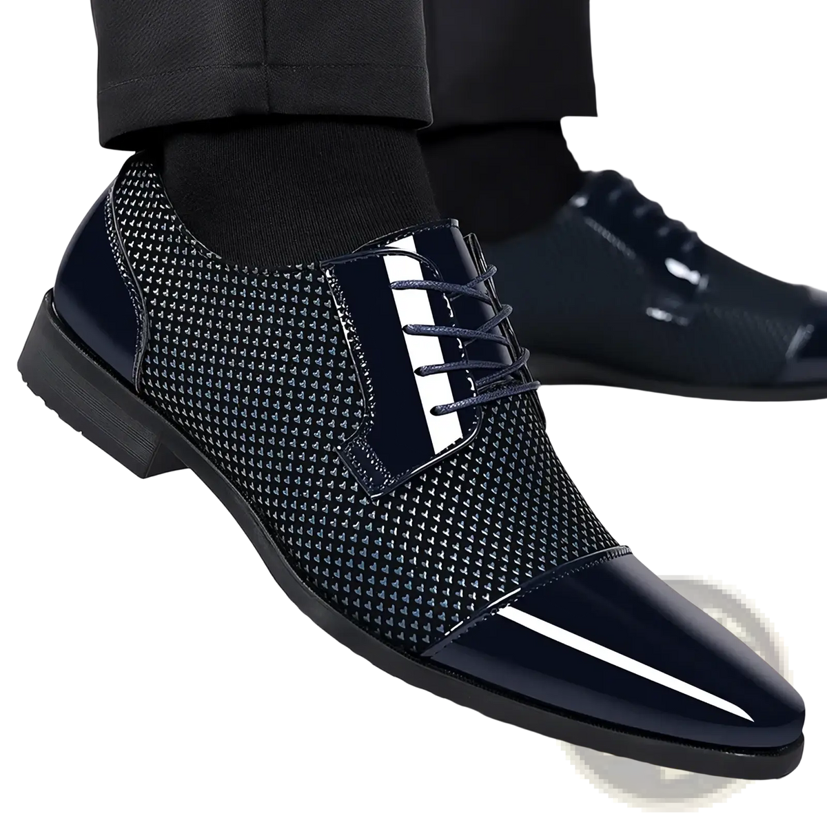 Navy blue patent leather oxford dress shoe with textured mesh upper and white stripe detailing