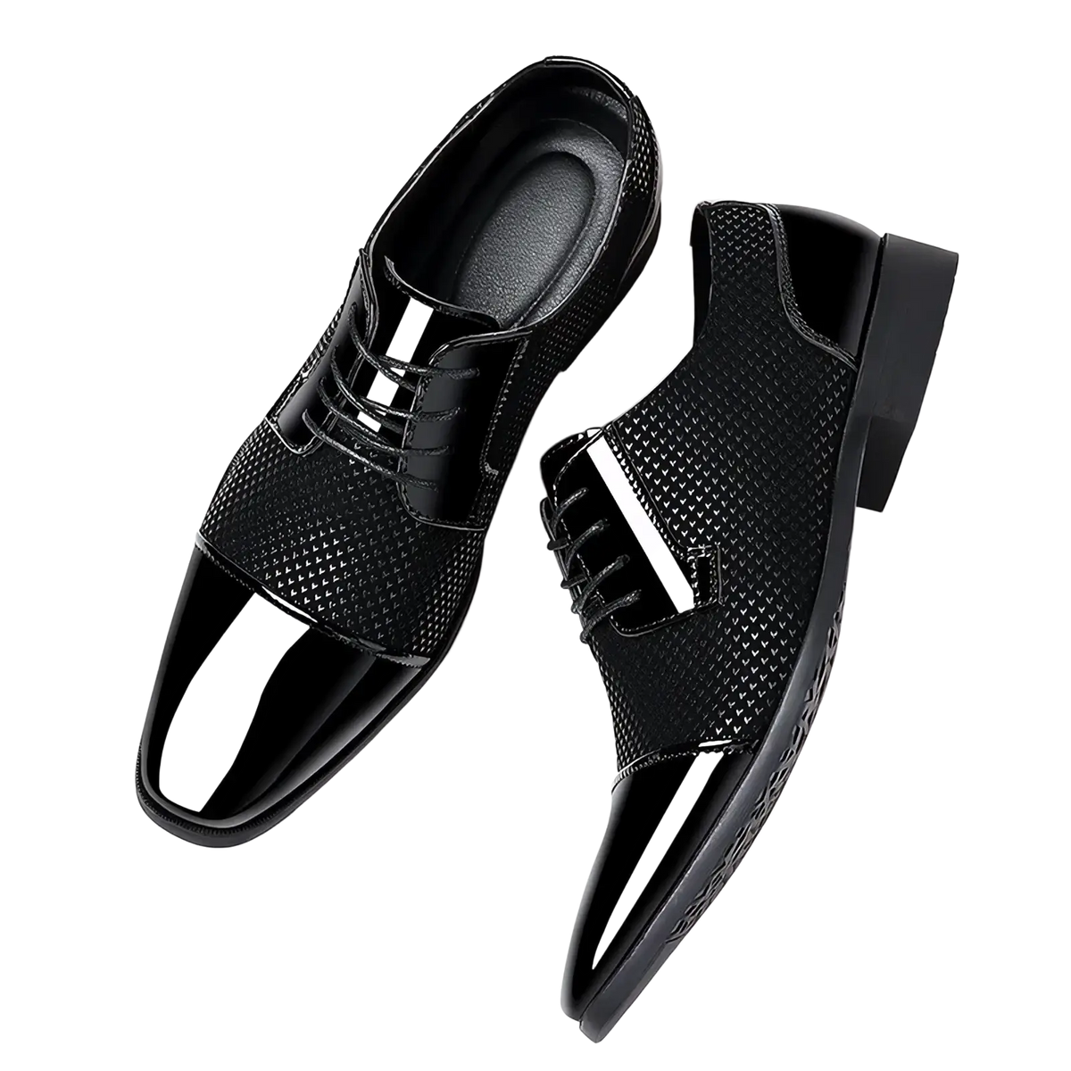 Navy blue Oxford dress shoes with glossy patent leather toe cap and textured mesh upper with white stripe accents