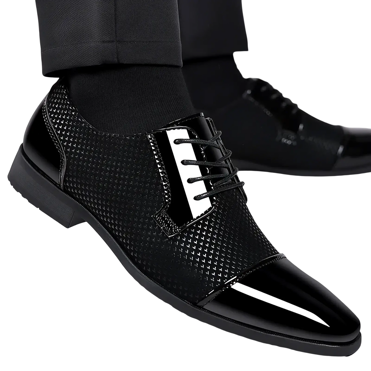 Navy blue patent leather oxford dress shoe with glossy toe cap, textured mesh upper, and white lacing accents