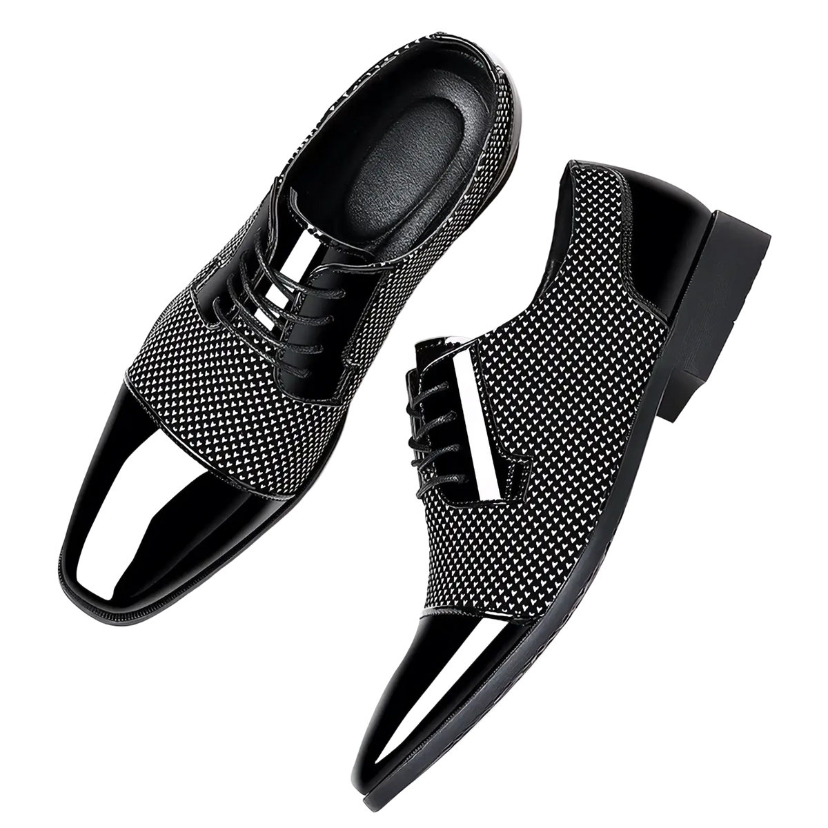 Navy blue patent leather oxford dress shoes with glossy toe cap and black and white woven upper detail
