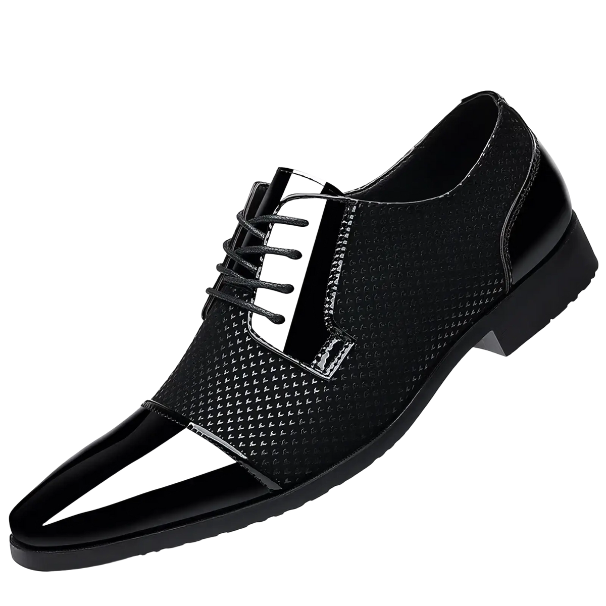 Navy blue patent leather oxford dress shoe with glossy toe cap heel textured mesh upper and white side stripe