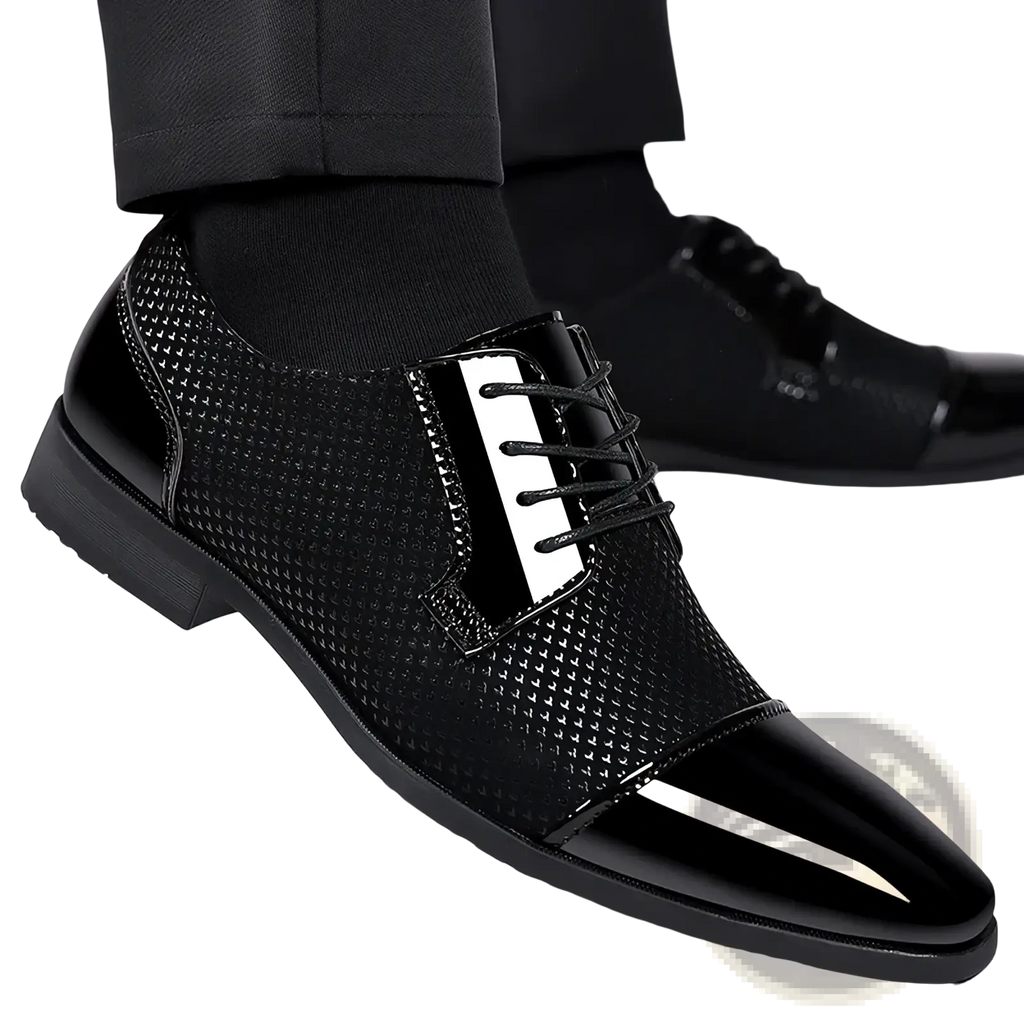 Navy blue patent leather oxford dress shoe with glossy toe cap, textured mesh upper, and white lacing accents