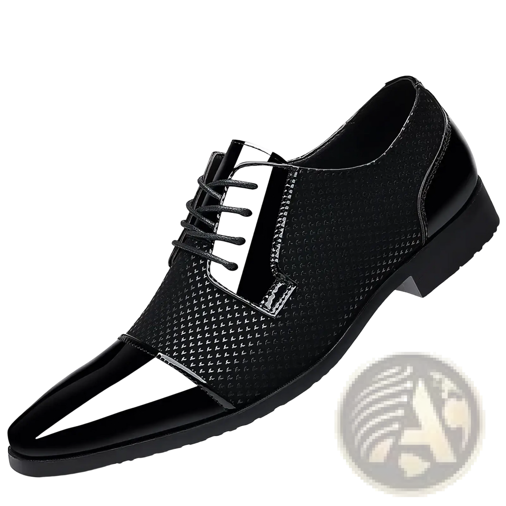 Navy blue patent leather oxford dress shoe with glossy toe cap heel textured mesh upper and white side stripe
