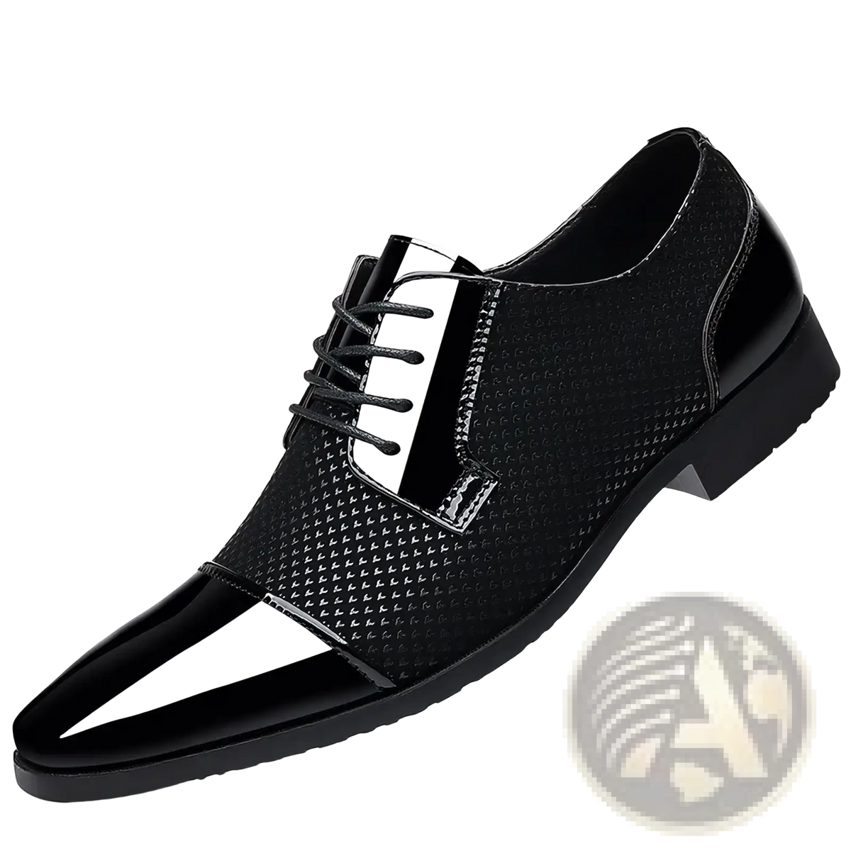Navy blue patent leather oxford dress shoe with glossy toe cap heel textured mesh upper and white side stripe