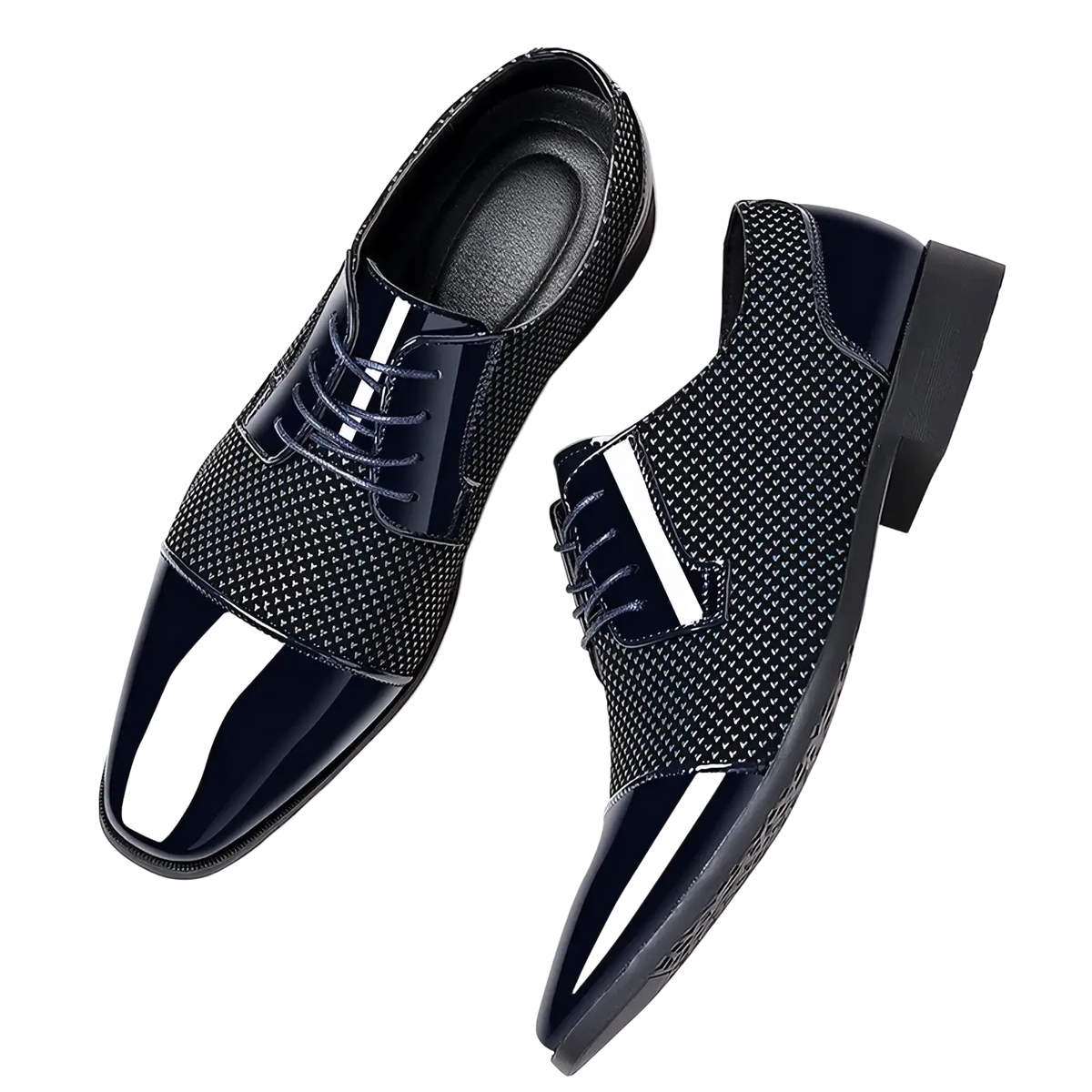 Navy blue patent leather oxford dress shoes with black and white color and textured mesh pattern on the sides